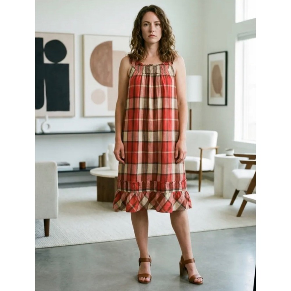 Talbots Red‎ Plaid Cotton Ruffel Neck Tank Dress Size 16 Ruffle Hem Cottage Core